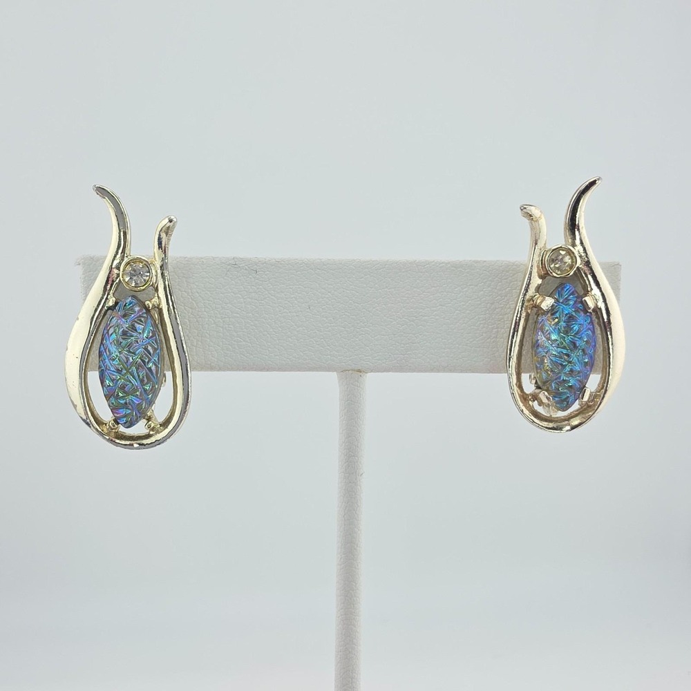 Vtg 70 Yr EMMONS Mountain Top Earrings Clip On Aurora Borealis Crystal Gold Tone
